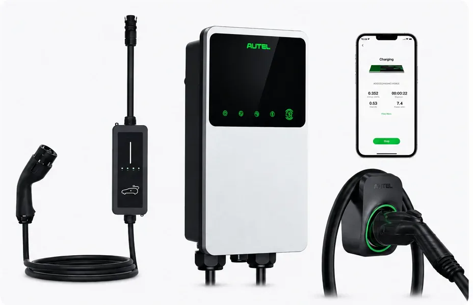 Cargador de coche eléctrico AUTEL de pared con cable, conector Tipo 2 y app móvil de control