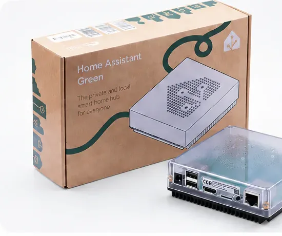 Hub Home Assistant Green con su caja, base del kit domótico